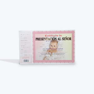 Certificado de Presentacion Al Señor para Niñas, Paquete de 15 Certificados, Rosa con Bebe