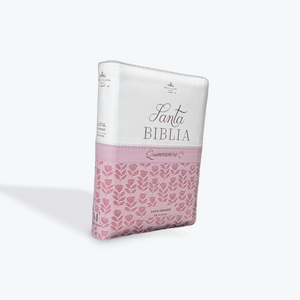 RVR60 Biblia Quinceañera Rosa/Blanco Tamaño Portátil Letra Grande 10 Pts con Cierre y Indice y Caja de Recuerdo