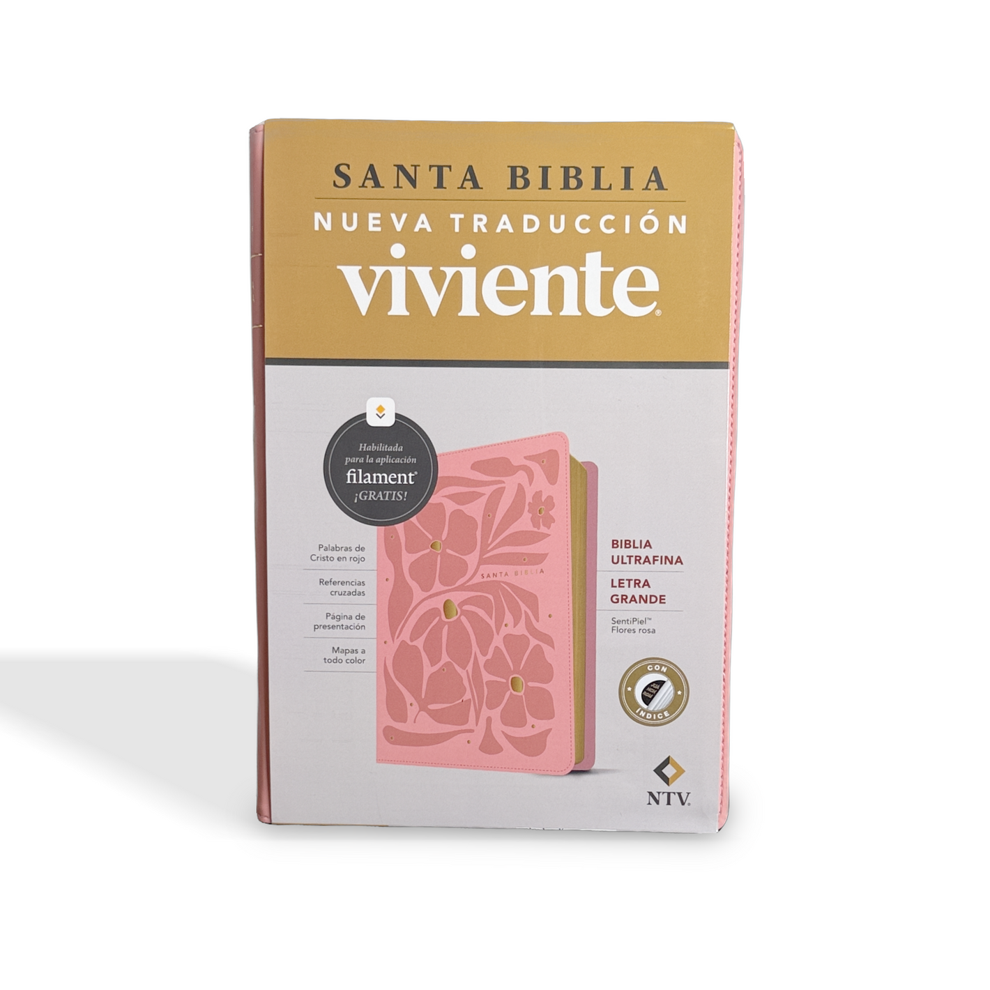 NTV Biblia ultrafina, letra grande con Filament, LeatherLike, Indexed, Pink Flowers, Red Letter