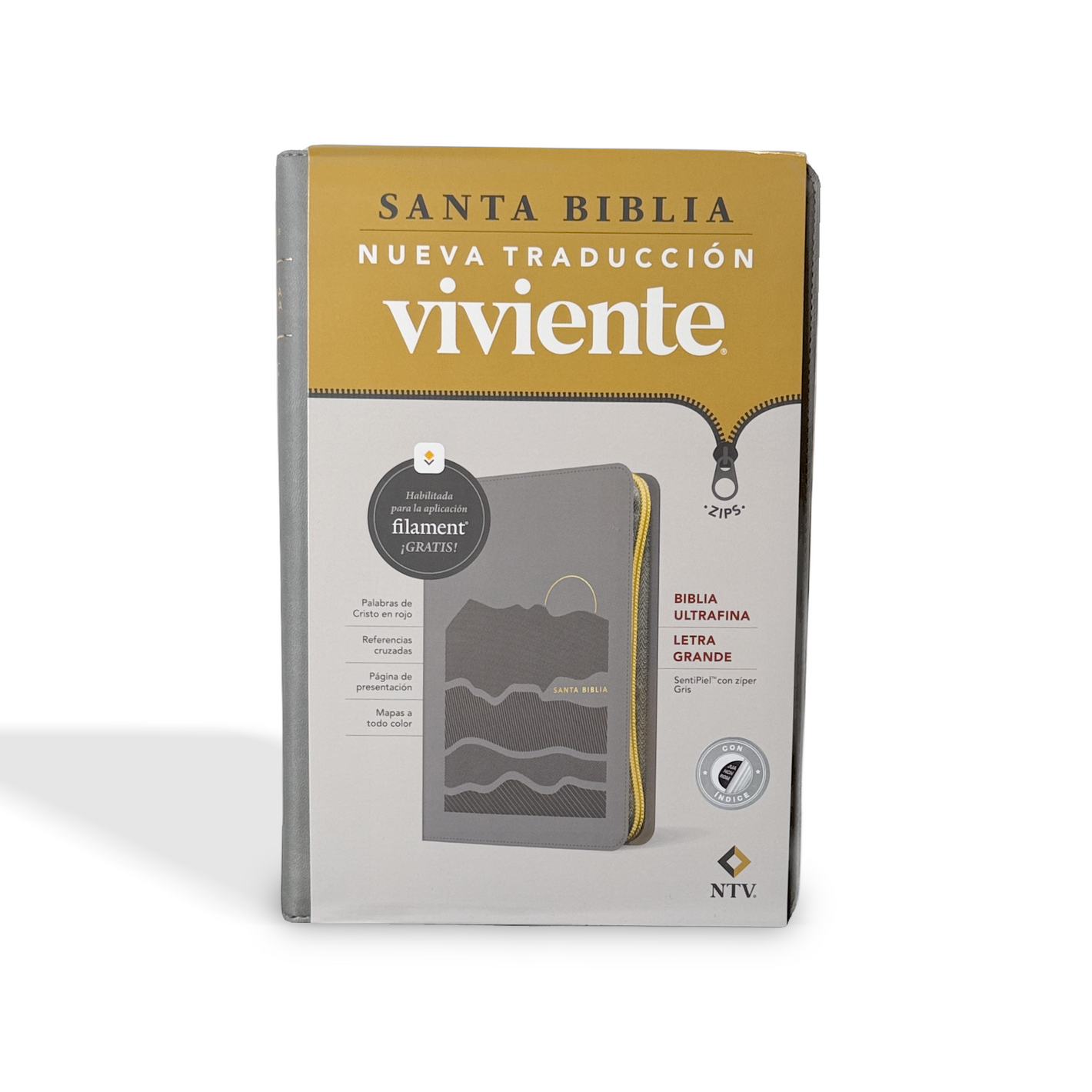 NTV Biblia ultrafina, letra grande de zíper con Filament, LeatherLike, Indexed, Gray, Red Letter